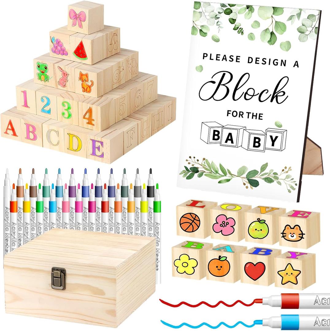 Baby Shower Games Blocks Set, 134 Pcs Wooden Blocks Kit for Baby Shower Party Gender Reveal Party Decorations(Green)
