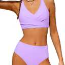 Girls Swimsuit 2 Piece Tropical Floral Twist Cross Swimwear High Waisted Bikini Set Teen Solid Color Bathing Suit (13-14 Years, Solid Lavender Purple)