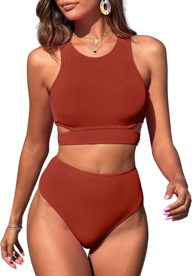 ZAFUL Women's Swimsuit High Waisted Bikini Sets Two Piece Swimsuit Scoop Neck Tank Side Cutout Midkini Stitching (Medium, Orange)