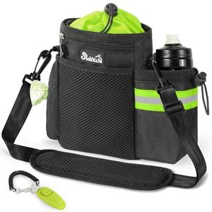 SlowTon Dog Treat Pouch - 4 Ways to Wear Dog Treat Bag with 2-in-1 Whistle Clicker, Adjustable Waist Belt, Metal Clip, Water Bottle Holder, Built-in Poop Bag Dispenser for Pet Training(Green)