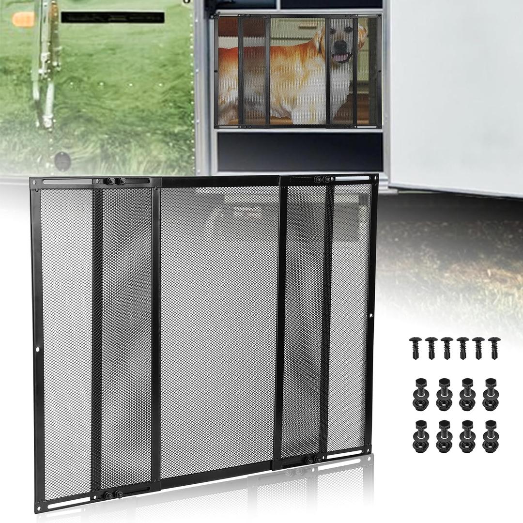 RVZONE Premium RV Screen Door Protector Adjusts from 21.5"- 35", Lightweight RV Entry Screen Door Grille Adjustable Metal Screen Defender for RV Door Camper Screen Door Protector for Dogs Kids