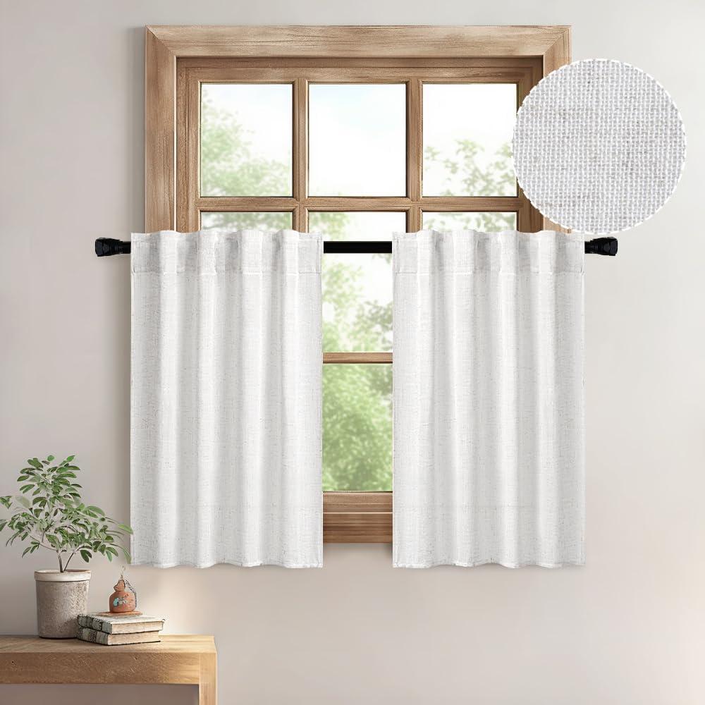 MIULEE White Curtains 36 Inch Length 2 Panels, Soft Thick Linen Textured Semi Sheer Light Filtering Kitchen Window Curtains Over Sink Small Tier for Bathroom Window Back Tab Rod Pocket (26"W x 36"L (Pack of 2), Bleached Linen)
