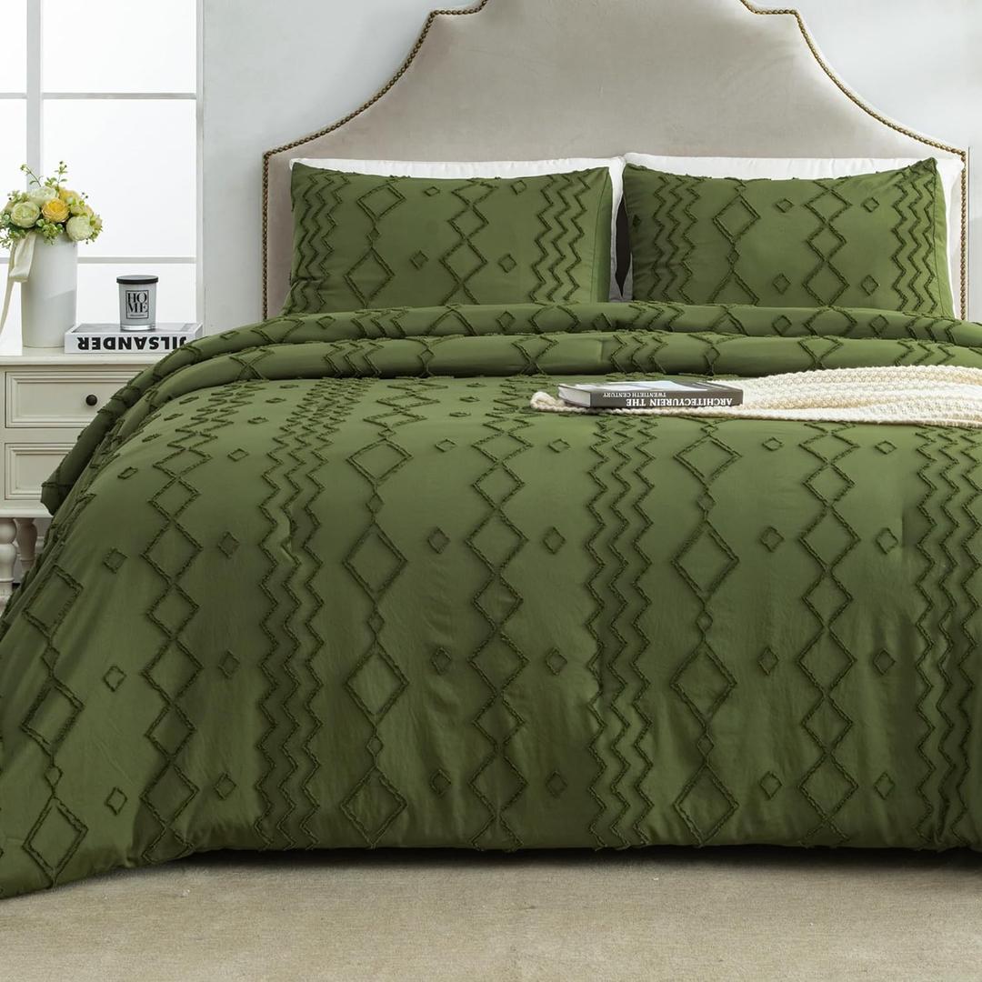 Andency Olive Green Tufted Comforter Set King(104x90Inch), 3 Pieces Boho Textured Farmhouse Bed, Soft Microfiber Down Alternative Geometric Bed Set with 2 Pillowcases