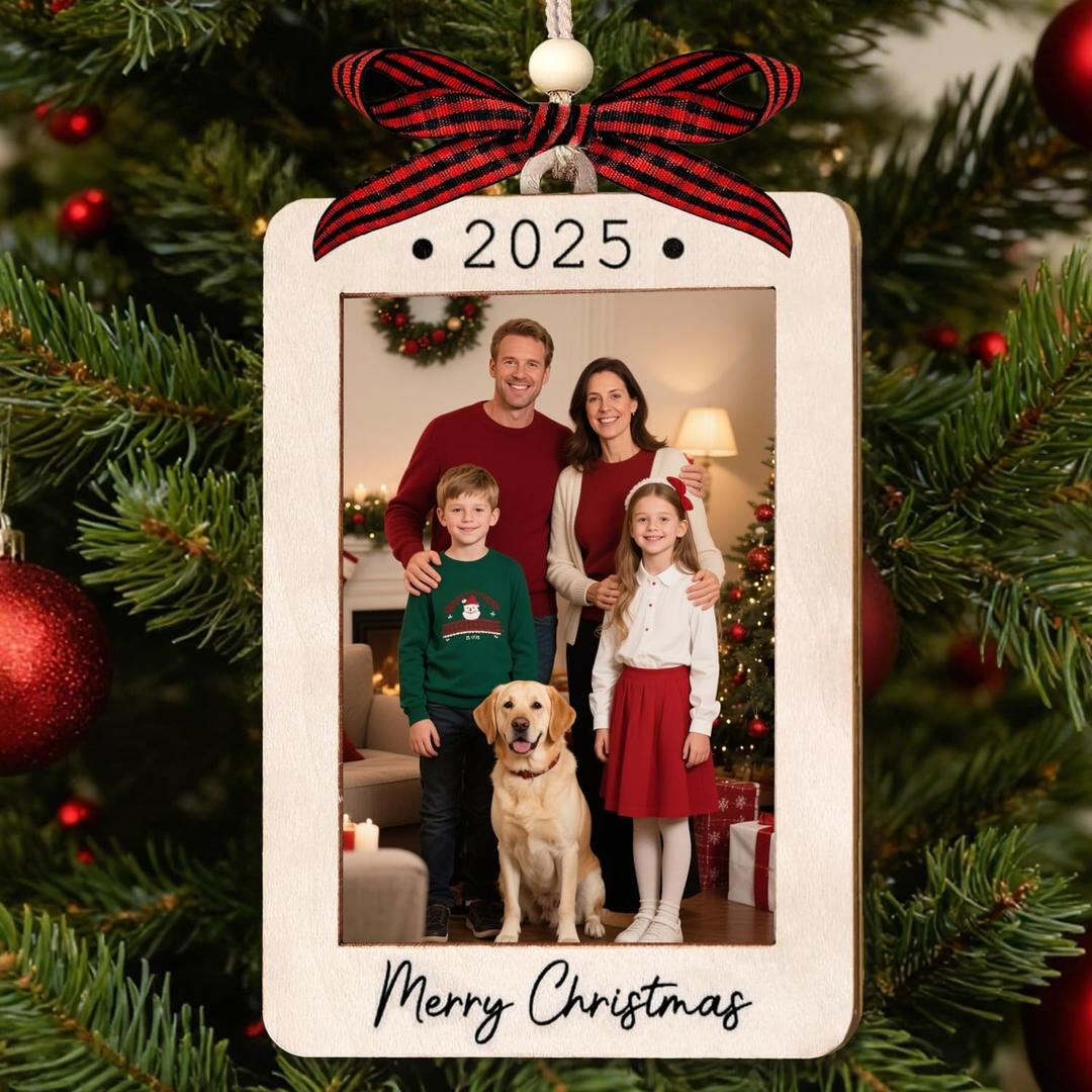 Merry Christmas Photo Frame Ornament 2025,Personalized Frame Christmas Keepsake Tree Decoration, Wooden Landscape Picture Frame Decoration, Merry Christmas Ornaments with Photo Insert for Family, Friends