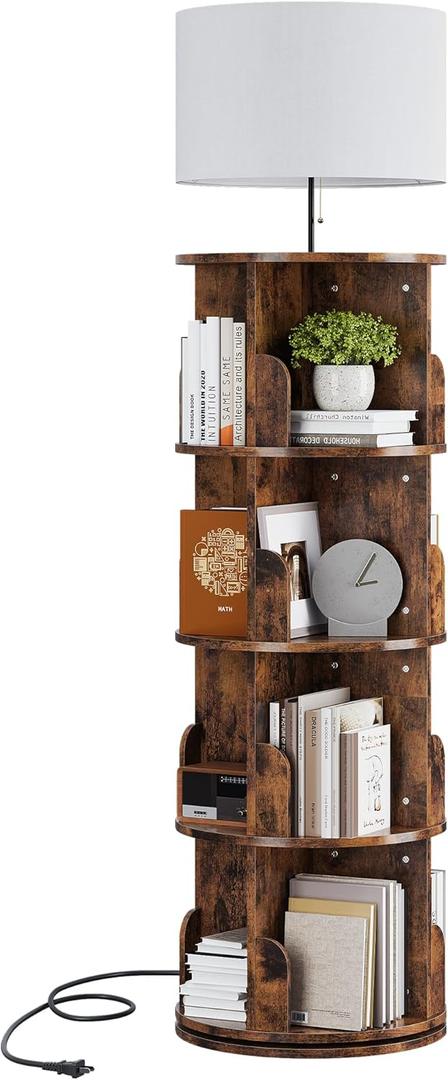 4 Tier Rotating Bookshelf with Light, 360 Spinning Bookcase Tower, Vertical Floor Standing Revolving Bookshelf Organizer for Small Spaces, Corner, Living Room, Bedroom, Rustic Brown