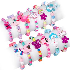 G.C 12 Pcs Girls Bracelets Jewelry for Kids Cute Unicorn Mermaid Animal Pendant Colorful Wooden Beaded Bracelets Princess Pretend Play Gifts for Toddlers