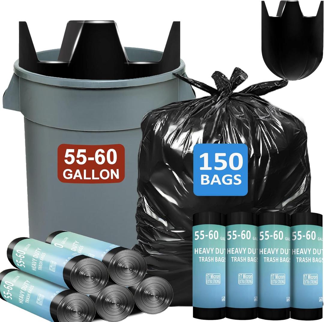 55-60 Gallon Trash Bags Heavy Duty 150 Count Bulk with 4 Innovative Flap Ties | Compatible with Rubbermaid Brute & Winco & Behrens 50-60 Gallon Round Trash Can | Tear & Leak Resistant Black