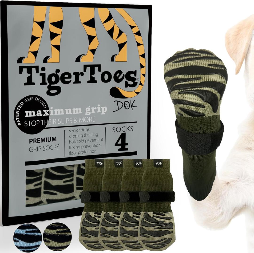 DOK TigerToes Premium Non-Slip Dog Socks for Hardwood Floors - Extra-Thick Grip that Works Even When Twisted - Prevents Licking, Slipping, and Great for Dog Paw Protection (Forest Green, Medium)