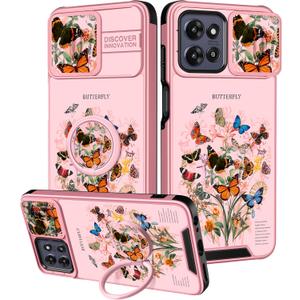 for Moto G Power 5G 2025, for Moto G Play 2025 Case - Women Girls Cute Phone Cover Girly Pretty Butterfly Floral with Camera Cover and Ring Stand Case for Motorola G Power 5G 2025/G Paly 2025