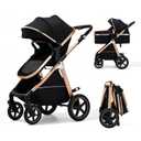2-in-1 Convertible Baby Stroller, 0-36M Reversible Fully Reclining Seat, One-Hand Fold, All-Wheel Suspension, 5-Point Harness, Black