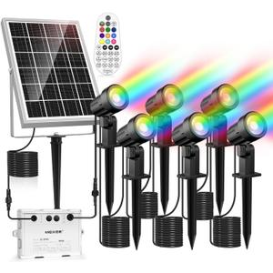 MEIKEE 6 in 1 Solar Landscape Lights, RGB Color Changing Landscape Spotlights Auto On/Off Timer with Remote, Solar Powered RGB Spotlights Outdoor IP66 Waterproof Path Lights for Yard Pool Garden Tree