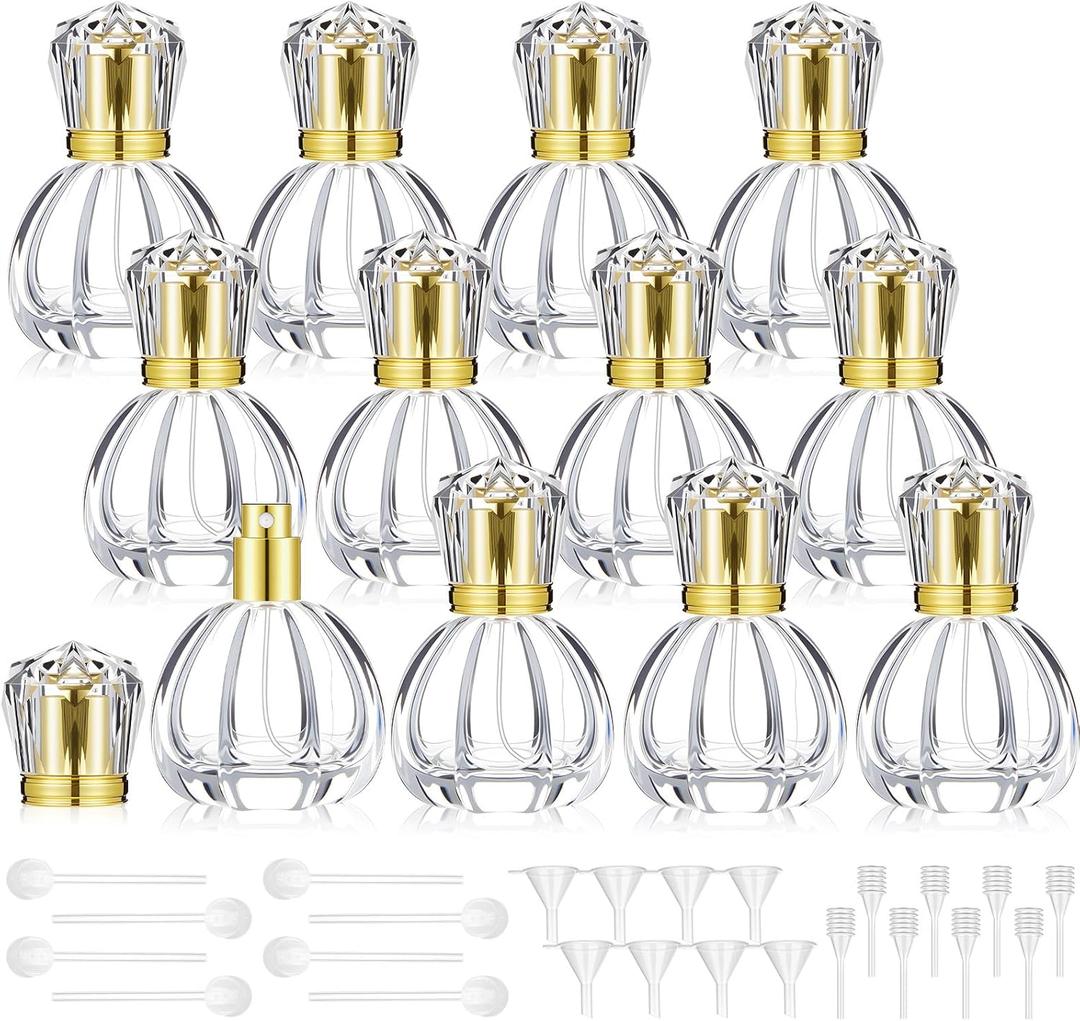 12 Pack 50ml/1.7oz Refillable Glass Perfume Spray Bottles, Empty Crystal Glass Fragrance Spray Bottles Bulk, Vintage Atomizer with Refill Tool for Travel, Home Decor(Pumpkin Gold)