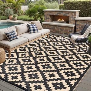 HUGEAR Outdoor Plastic Straw Rug, Waterproof Mat, Washable Large Floor Mat and Rug for Outdoors, RV, Beach, Patio, Camping, Backyard, Deck, Picnic, Indoor Outside (8x10ft,Geometry/Black&Beige)