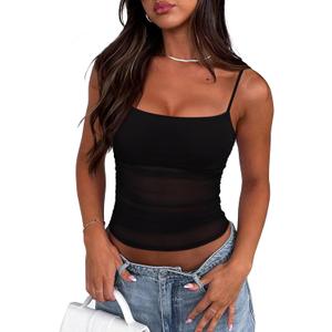 REORIA Women's Sheer Mesh Tank Top Sleeveless See-Through Ruched Camisole Sexy Crop Tops (S, Black)