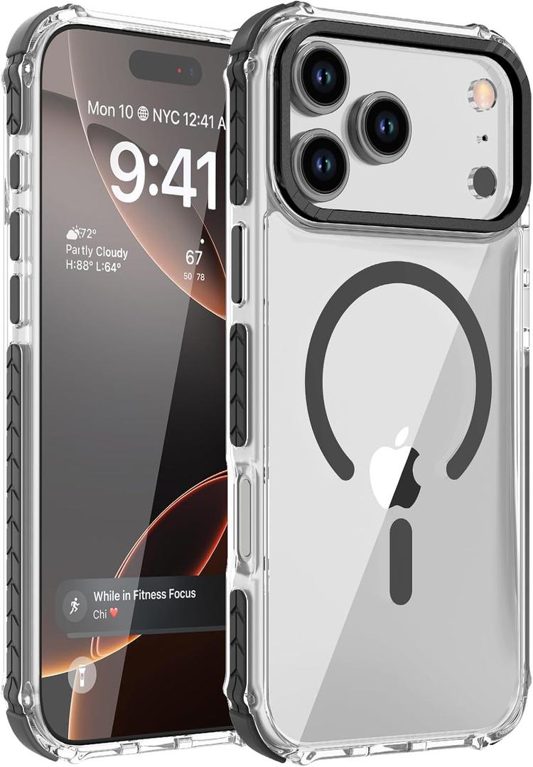 DEERLAMN Strong Magnetic Case for iPhone 17 Pro Max 6.9-Inch, [Compatible with Magsafe][Military Grade Drop Protection] Clear Slim Shockproof Protective Phone Cover-Transparent+Black