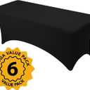 6-Pack Premium Black Spandex Tablecloths for 8ft Rectangle Tables, Stain & Wrinkle-Resistant, Washable Stretch Polyester Fitted Table Cover for Weddings, Banquets, Events, Parties