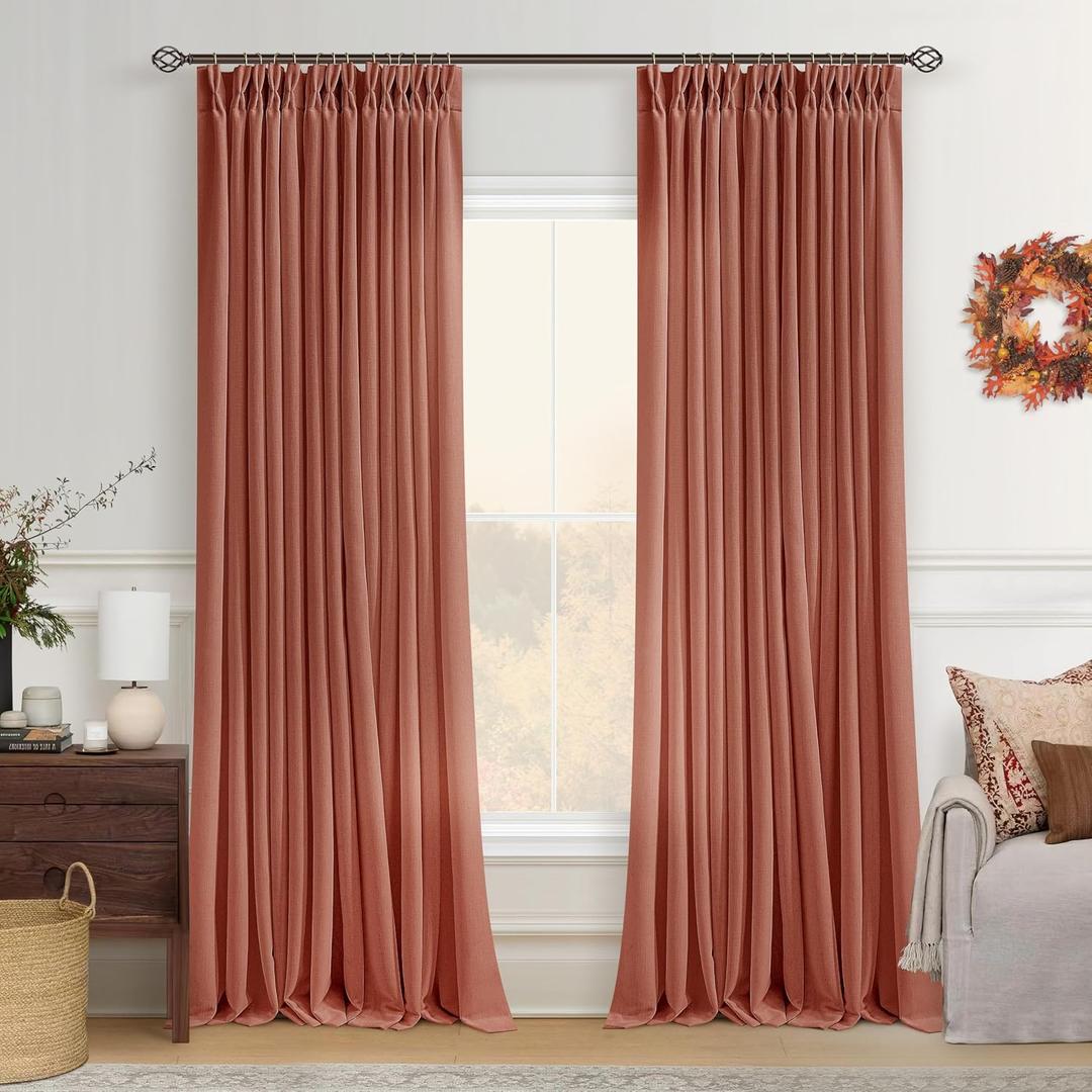 Terracotta Pinch Pleat Semi Sheer Linen Curtains 90 Inch Long Rustic Drapes, 40"W x 90"L