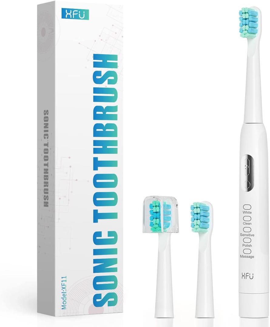 Amazon.com: XFU Sonic Toothbrushes for Adults and Kids, 3 Brush Heads, with 5 Modes and IPX7 Waterproof, Battery Electric Toothbrush Build in 2 Mins Timer 40,000 VPM XF-11 White : Health & Household