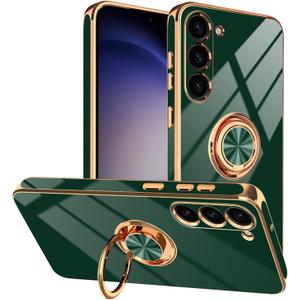 Designed for Samsung Galaxy S23 Case with Ring Stand, Support Magnetic Car Mount Rotating Finger Holder Soft TPU Cover Plating Edge Slim Phone Case for Galaxy S23 Dark Green