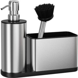 ODesign Kitchen Soap Dispenser Set - 3 in 1, Stainless Steel Dish Soap Dispenser with Sponge Holder, Dish Brush & Brush Holder, Kitchen Sink Caddy Organizer for Countertop - Rustproof, Non-Slip