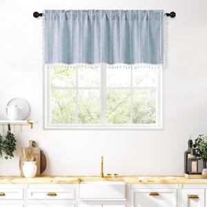MitoVilla Boho Farmhouse Kitchen Valances for Windows, Blue French Country Valance Curtains for Living Room/Bedroom, Modern Rustic Cotton Linen Tassel Topper Window Curtain, 52W x 18L
