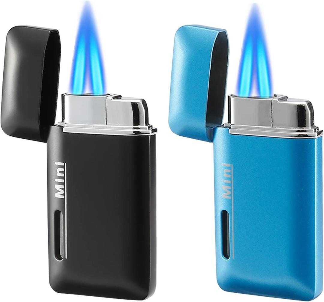 2 Pack Mini Butane Lighter, Double Jet Torch Lighter with Visible Window, Refillable and Adjustable Pocket Lighter, Great Little Gift for Men and Women, Black and Blue (Without Gas)