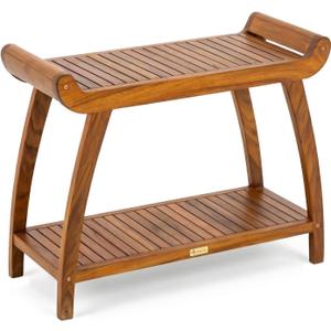 StrongTek Long Teak Shower Bench with Handles and Shelf, Solid Teak Wood Bathroom Bench, Quick-Dry Slatted Bath Bench, 29.5" L x 12.5" D x 24" H, 400 lbs Capacity, for Shower or Bathroom