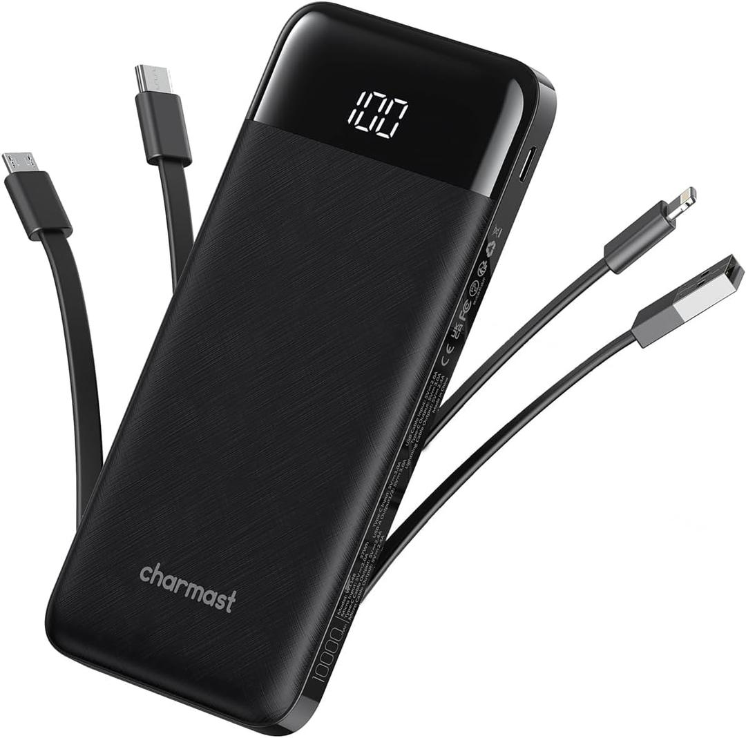 Portable Charger with Built in Cables, Power Bank with Cords Wires, Slim 10000mAh Travel Battery Pack 6 Outputs 3 Inputs 3A Fast Charging for Samsung Google Pixel LG Moto iPhone iPad