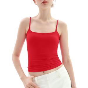 PUMIEY Women's Square Neck Tank Top Adjustable Spaghetti Straps Sleeveless Basic Tops Sharp Collection (Ruby)