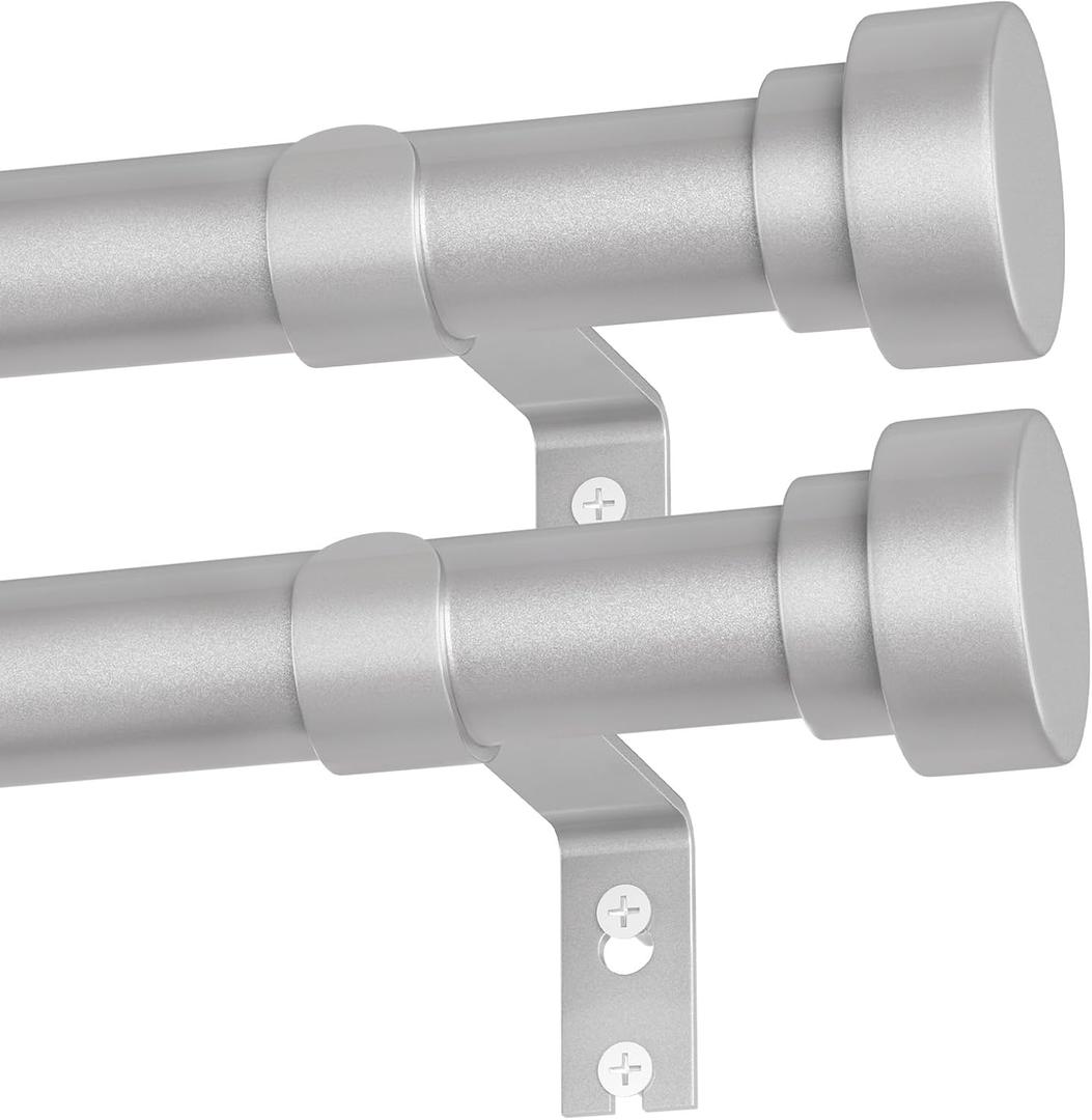 2 Pack Silver Curtain Rods for Windows 32 to 60 Inch, Heavy Duty Curtain Rod Adjustable Length, 1 Inch Diameter Modern Decorative Curtains Rods(Silver,32-60"-2 Pack)