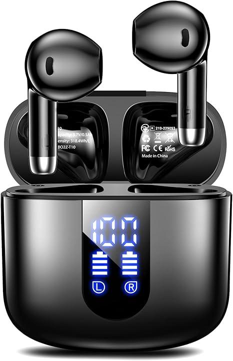 Wireless Earbuds, Bluetooth Headphones with Deep Bass Stereo, 48H Playback Ear Buds with LED Power Display, Lightweight, IPX7, in-Ear Earphones with Mic for iPhone/Android/iPad, Black