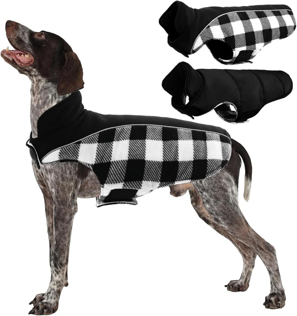 Kuoser Dog Winter Coat, Reversible Waterproof Dog Jacket with Reflective Strip, Warm Dogs Fleece Vest Adjustable Doggy Cold Weather Clothes Plaid Christmas Outfit Pet Apparel for Medium Dogs, Black M (Medium (Chest Girth: 17.3-20.9'' ))