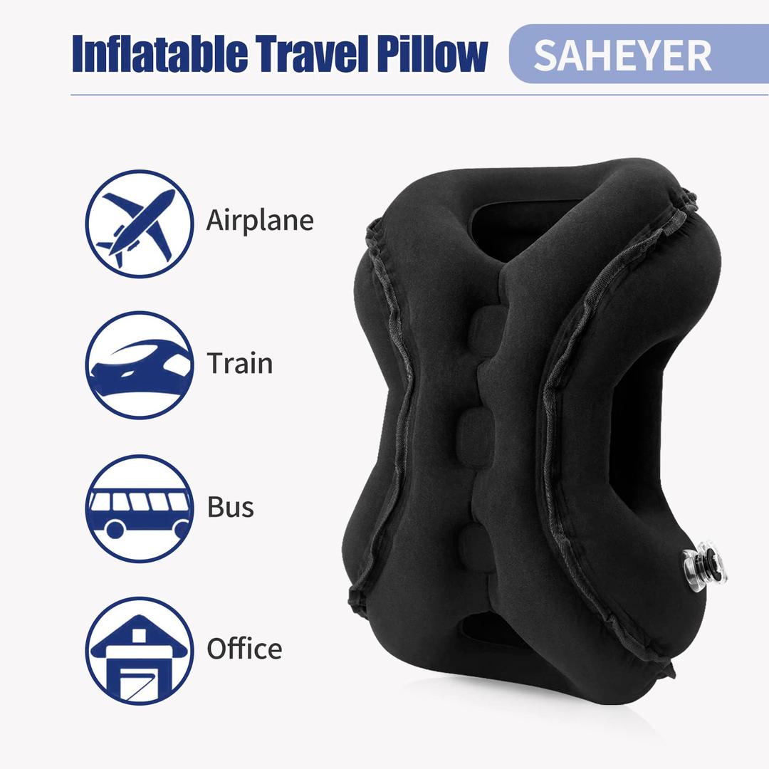SAHEYER Inflatable Travel Pillows, New Upgrade Inflatable Airplane Pillow for Sleeping Rest Avoid Neck and Shoulder Pain, Inflatable Neck Pillow with Free Eye Mask and Earplugs (Blue) (25x20x9.5 inch, Black)