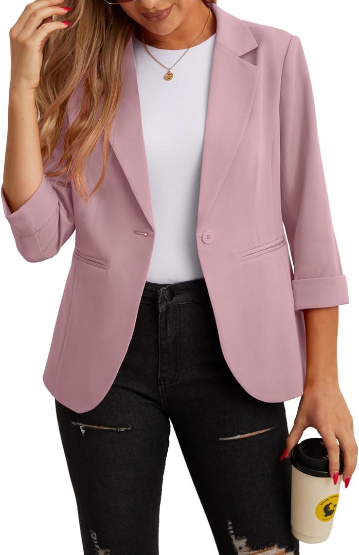GRECERELLE Women's Blazers Lightweight 3/4 Sleeve Lapel Open Front Casual Suit Jacket Work Blazer with Pockets, US 6
