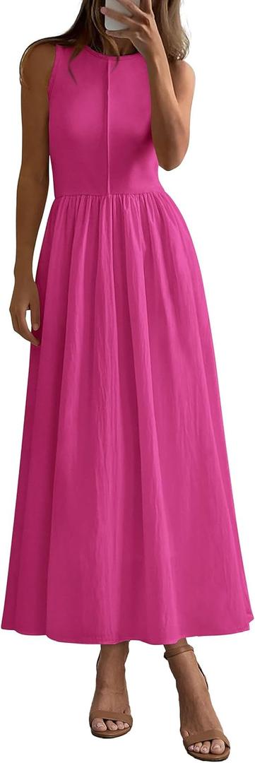 PRETTYGARDEN Maxi Dresses for Women 2026 Summer Casual Sleeveless Patchwork Flowy Vacation Sundress Knit Long Work Tank Dress (Pink, S)