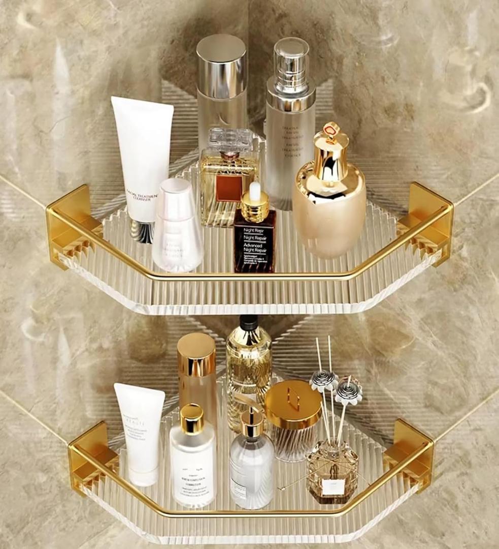 Shower Corner Caddy with Hooks , 2 Pack Luxury Organizer with Upgraded Adhesive System for Bathroom,Kitchen & Balcony, Floating Shower Wall Shelf Bath Basket Rack Heavy Duty 2 Pack (Gold,Acrylic)