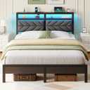Seventable Queen Bed Frame with Charging Station & LED Lights, Upholstered Headboard with 2-Tier Storage Shelves, Metal Platform with Under Bed Storage, No Box Spring Needed, Easy Assembly, Dark Grey