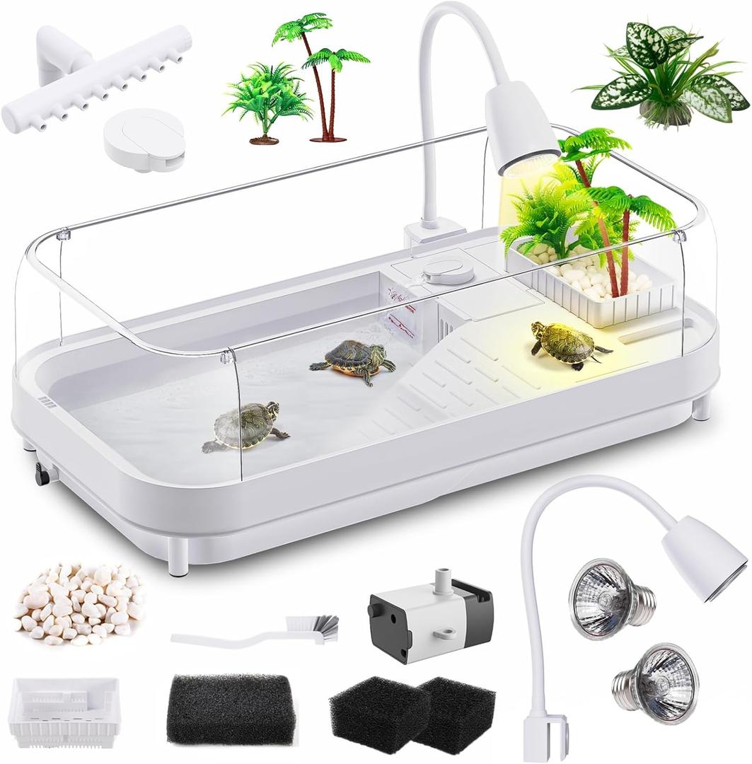 Large Turtle Tank Kit (Tank+Lamp+Filter), Acrylic Turtle Tank Starter Kit with Heightened and Curved Fences, Bottom Drainage, Multi-Function Areas