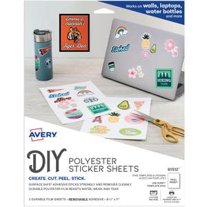 Avery Durable DIY Polyester Sticker Paper, 8.5" x 11", Removable Surface Safe Adhesive, Water-Resistant with Laser or Pigment-Inkjet Printers, 3 Full-Size Label Sheets (61512)