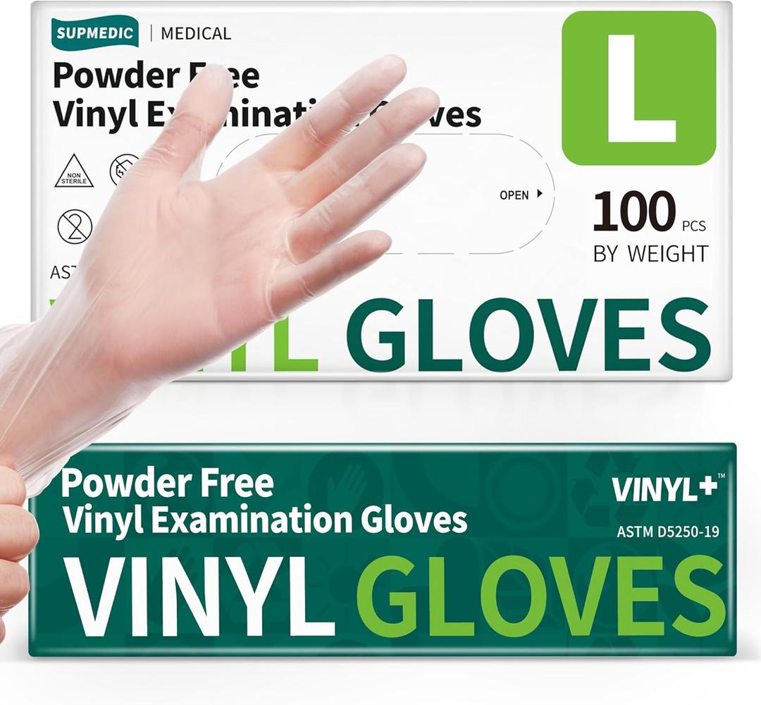 Supmedic Vinyl Disposable Exam Gloves, Clear 4Mil Powder-Free Latex-Free Medical Food-Safe Cooking Cleaning Glove 100&1000 Ct (L)