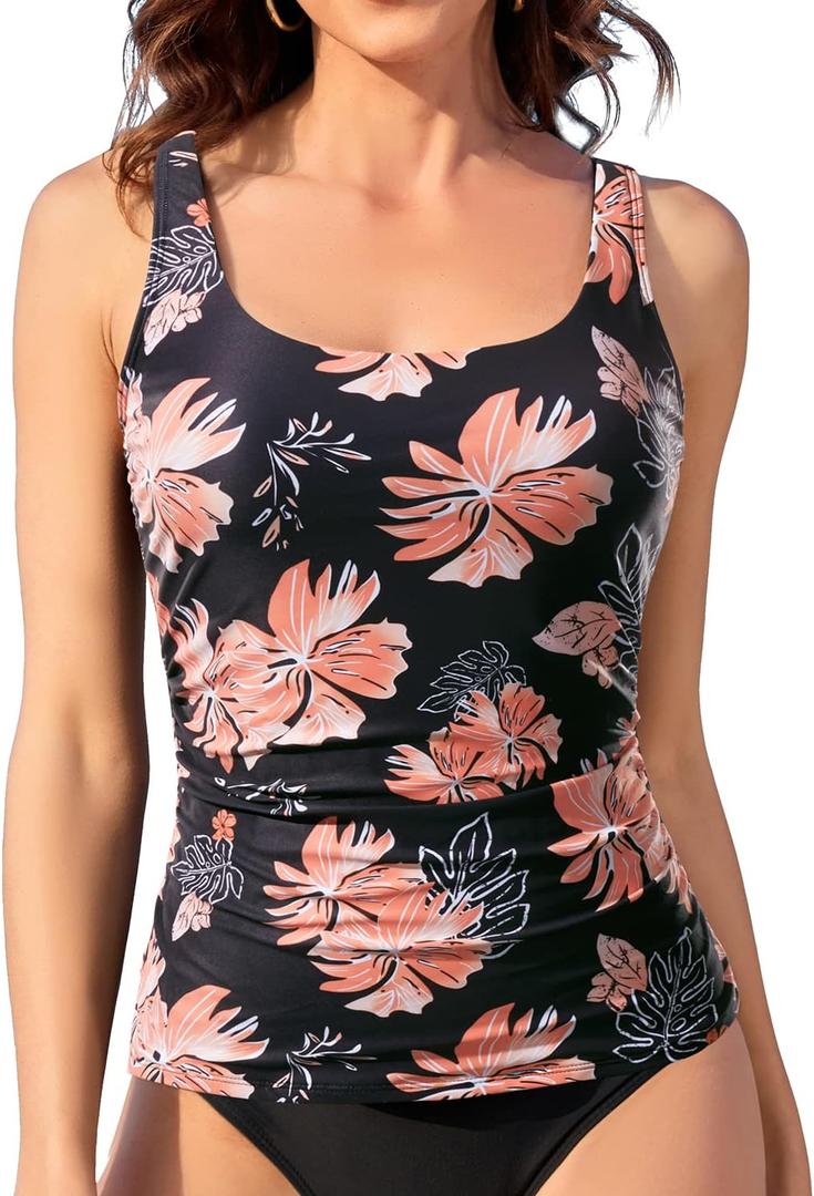 Aqua Eve Tankini Tops for Women Swimwear Top Only Tummy Control Bathing Suit Top No Bottom (Large, Black Flower)