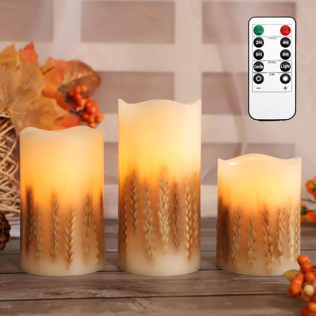 Wheat Decor Flameless Candle Battery Operated with Remote Real Wax LED Wick Flickering Pillar Candles Fall Arrangement for Wedding Table Home Kitchen