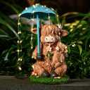 Solar Garden Statues Resin Loving Highland Cow Umbrella Lights Outdoor Decor Gifts for Yard, Patio Decorations (Brown)