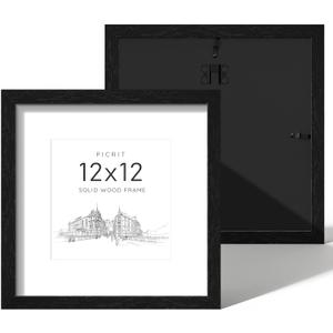 Picrit 12x12 Picture Frame Set of 2, Solid Wood and Black Backboard, Displays 8x8 with Mat or 12 x 12 Without Mat, Wall Mounted, Multi-Piece Wall Gallery Photo Frames for Home Decor, Black Wood Grain