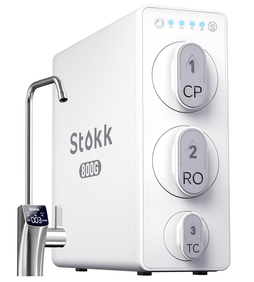 Stokk Tankless Reverse Osmosis System, 800 GPD Fast Flow Water Filter, NSF/ANSI 58&42, 8 Stage RO System, 3:1 Pure to Drain, Under Sink Tankless RO System, Smart Faucet, Reduce PFAS, S2 (White)