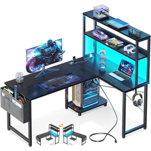 Casaottima Gaming Desk with Power Outlets & LED Lights, 43 Inch Reversible L Shaped Computer Desk with Shelves & Storage Bag, Corner Desk for Home Office, Black Casaottima Gaming Desk with Power Outlets & LED Lights, 43 Inch Reversible L Shaped Computer Desk with Shelves & Storage Bag, Corner Desk for Home Office, Black