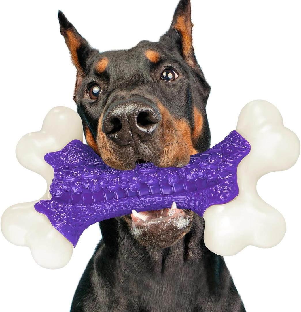 Tough Dog Chew Toys for Aggressive Chewers Large Medium Breed Bacon Flavor, Bone Toy Dog, Nylon Heavy Duty Extreme Indestructible Teething Training (1 Count, Purple 01)