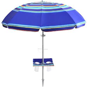 7ft Beach Umbrella featuring a built-in table with Sand Anchor & Tilt, UPF 50+ Protection Beach Umbrellas for Sand, Umbrellas for Heavy Duty Wind Portable with Carry Bag, Dark Blue StripesRandom pattern