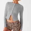 ICNGLKSND Women Long Sleeve Button Front Knit Crop Tops Front Split Crewneck Slim Fit Sexy Crop Tee Short Shirt Blouse (Gray, S)