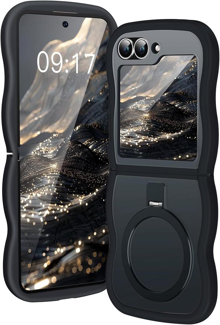[Magnetic Stand & Wave Frame] Case for Samsung Galaxy Z Flip 6 Not Yellowing Translucent Z Flip 6/5 Phone Ring Cover for Women Men 7.6" Black